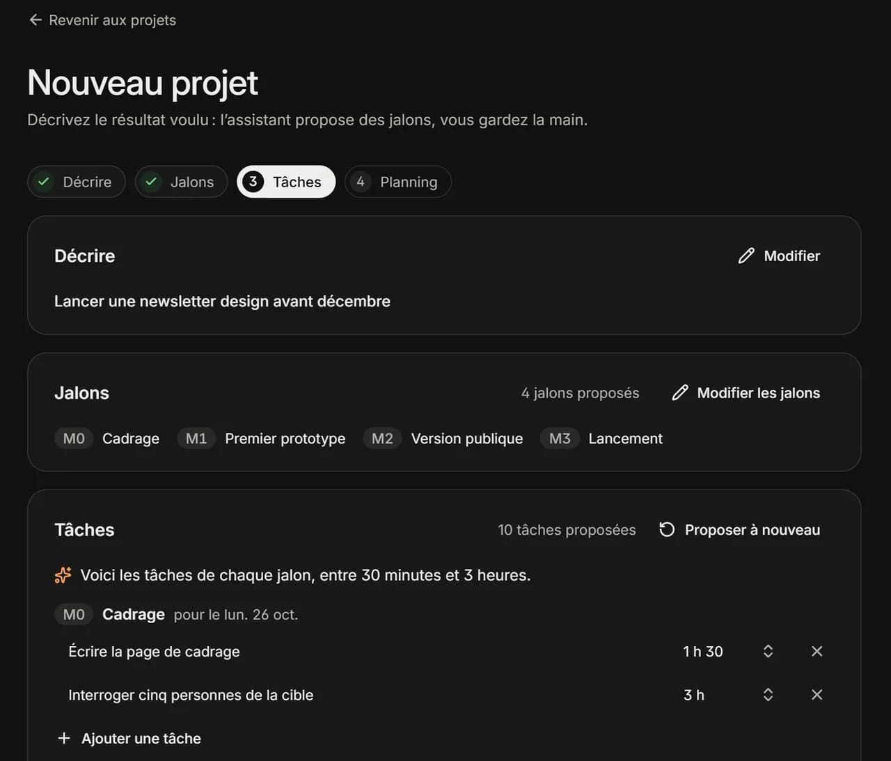 L’assistant propose les jalons et les tâches d’un nouveau projet.