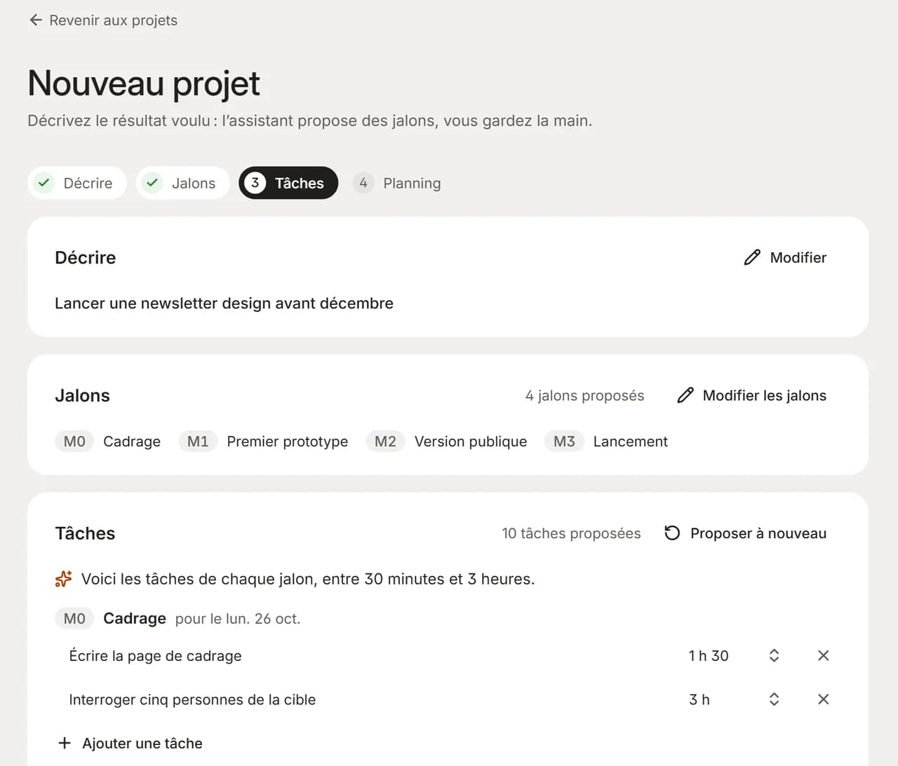 L’assistant propose les jalons et les tâches d’un nouveau projet.