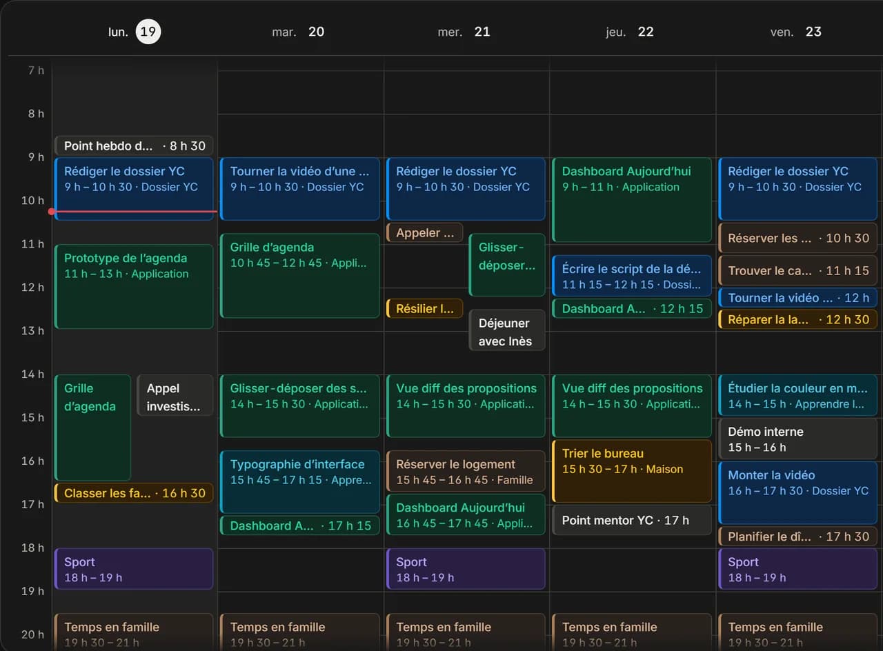 La semaine dans l’agenda, avec les sessions placées par le moteur.