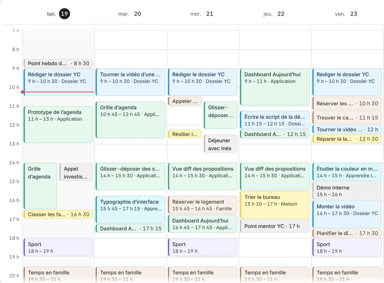 La semaine dans l’agenda, avec les sessions placées par le moteur.