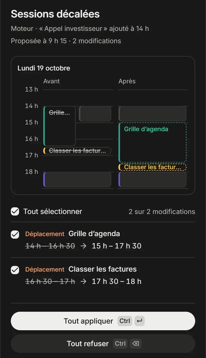 Une proposition du moteur, avec l’avant et l’après de chaque changement.