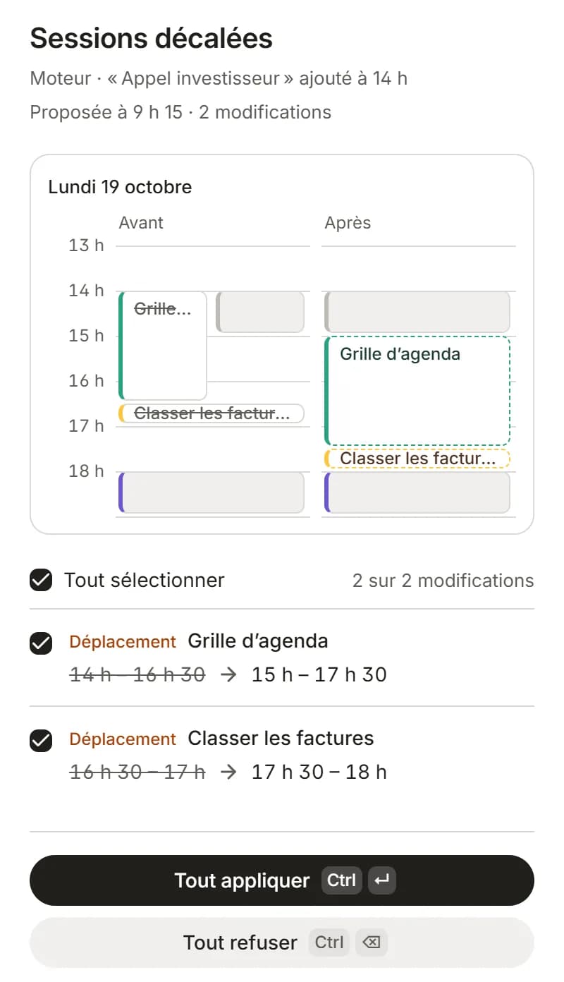 Une proposition du moteur, avec l’avant et l’après de chaque changement.